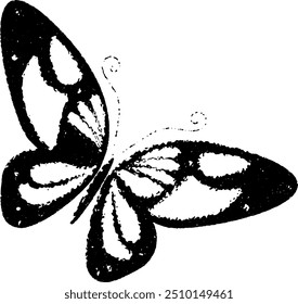 Black and white grunge butterfly illustration with a distressed, vintage look, perfect for retro designs and minimalist graphic projects. Vector illustration
