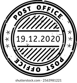 Black and white grunge circular post office stamp featuring the date 19.12.2020, highlighted by diagonal lines, isolated against a clean white background