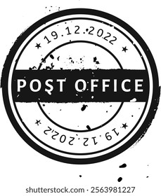 Black and white grunge circular stamp with the text Post Office and the date of December 19, 2022, useful for delivery or shipping concepts