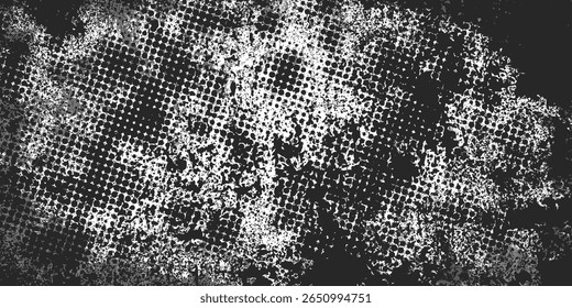 Grunge preto e branco. Textura de sobreposição de angústia. Abstrato pó de superfície e conceito de fundo de parede suja áspera. Efeito desgastado, rasgado e resistido. Ilustração vetorial.