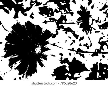 Black and white grunge flower texture. Vector abstract vintage  pattern. Monochrome background with noise and grain. Banner template.