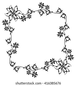 Black and white grunge frame with abstract floral elements. Vector clip art.
