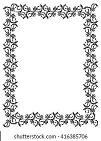 Black and white grunge frame with abstract floral elements. Vector clip art.