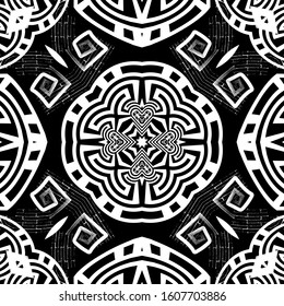 Black and white grunge greek seamless pattern. Vector ornamental abstract background. Repeat backdrop. Symmetrical dirty geometric tribal ornaments with rough doodle lines, shapes, signs, symbols.