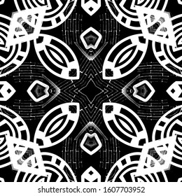 Black and white grunge greek seamless pattern. Vector ornamental abstract background. Repeat modern ethnic style backdrop. Symmetrical dirty geometric tribal ornaments with rough doodle lines, shapes.