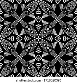 Black and white grunge greek style vector seamless pattern. Ornamental geometric ethnic background. Monochrome abstract repeat tribal backdrop. Geometrical modern ornate greek key meanders ornament.