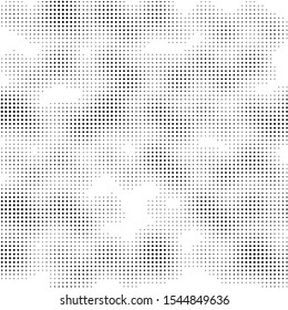 Black and white grunge halftone dots. Dotted texture. Halftone dots background. Abstract geometrical card of round shape.Screen print. Vector illustration. 