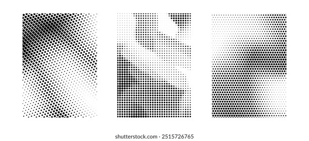 Colección gradiente semitono grunge blanco y negro. Conjunto de textura de ruido de arena arenosa. Paquete de fondo de píxeles retro punteado. Superposición de lunares cómicos con efecto ráster para Anuncio, póster, volante. Vector