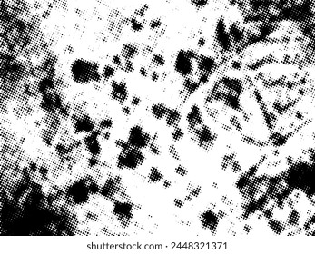 Schwarz-Weiß Grunge Halbton Vektorgrafik. Textur der Notüberlagerung. Abstrakter Oberflächenstaub und raues Hintergrundkonzept. Platzieren Sie die Darstellung der Notlage über dem Objekt, um einen Grunge-Effekt zu erzeugen. Vektorgrafik EPS10.