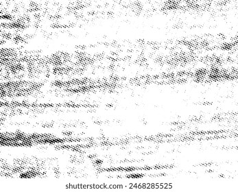 Schwarz-Weiß Grunge Halbton Vektorgrafik. Textur der Notüberlagerung. Abstrakter Oberflächenstaub und raues Hintergrundkonzept. Platzieren Sie die Darstellung der Notlage über dem Objekt, um einen Grunge-Effekt zu erzeugen. Vektorgrafik EPS10.
