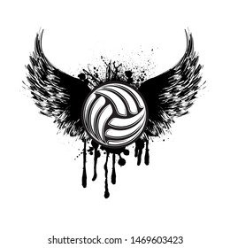 Black and white grunge ink blots volleyball symbol with wings