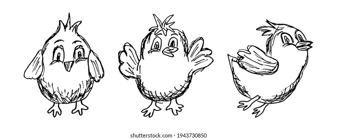 Carácter de pollo de Pascua de línea negra y blanca en tres poses diferentes. Un simple esbozo vectorial de un polluelo dibujado a mano a lápiz