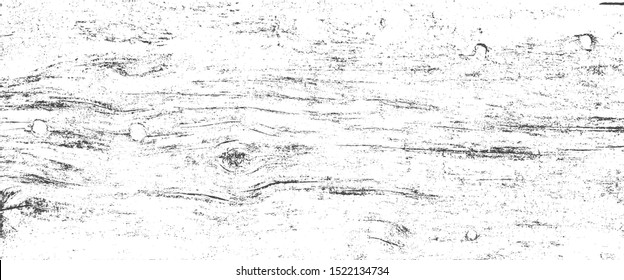 Black and white grunge overlay pattern of wood board with knot and nails. Distress texture. Vector EPS10 template.
