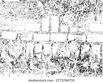 Black and white grunge overlay texture featuring a distressed brick path overgrown with messy grass.
