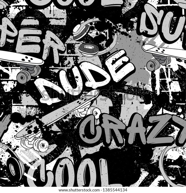 Schwarz Weiss Grunge Muster Im Graffiti Stil Einfarbiger Hintergrund Mit Stock Vektorgrafik Lizenzfrei 1385544134