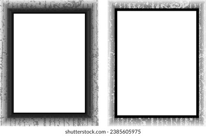 Black and white Grunge photo frame, Grunge border background. Abstract vintage grunge round stock brush album element, square vector template old photo frame effect and film grain texture