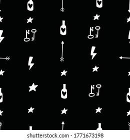Black and White grunge punk doodle Seamless repeat pattern. random elements including bottle key arrows stars and lightening bolt. 
