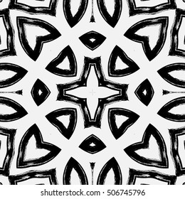 Black and white grunge seamless pattern. Abstract graphic seamless background with paint brush strokes. Square distressed ornament, monochrome hand drawn repeating texture, vector illustration