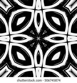 Black and white grunge seamless pattern. Abstract graphic seamless background with paint brush strokes. Square distressed ornament, monochrome hand drawn repeating texture, vector illustration
