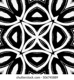 Black and white grunge seamless pattern. Abstract graphic seamless background with paint brush strokes. Square distressed ornament, monochrome hand drawn repeating texture, vector illustration
