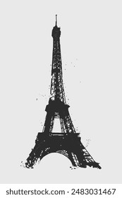 Black and white grunge silhouette of the eiffel tower standing against a white background.