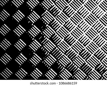 Black and white grunge square of diagonal strips wall texture. Vector abstract vintage pattern. Monochrome background, banner template. Dark wall textured
