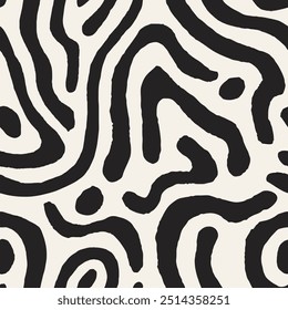 Black and White Grunge Squiggles Seamless Pattern. Trendy Abstract Background with hand drawn bending flowing organic shapes. Modern wavy texture. Vector illustration