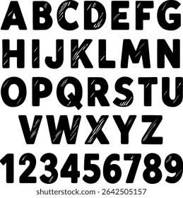  Black and white grunge stencil font. Textured english alphabet and numbers, vector graphic for your design.Back to school concept