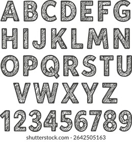  Black and white grunge stencil font. Textured english alphabet and numbers, vector graphic for your design.Back to school concept