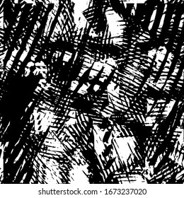 Black and white grunge texture. Abstract splashes of ink. Chaotic paint strokes. Dirty surface. Vector pattern of spots