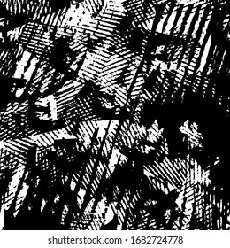 Black and white grunge texture. Abstract splashes of ink. Chaotic paint strokes. Dirty surface. Vector pattern of spots