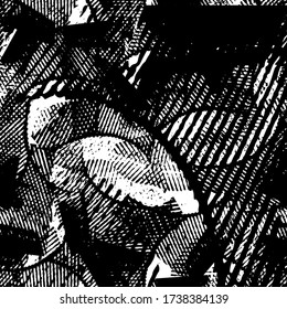 Black and white grunge texture. Abstract splashes of ink. Chaotic paint strokes. Dirty surface. Vector pattern of spots