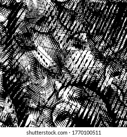 Black and white grunge texture. Abstract splashes of ink. Chaotic paint strokes. Dirty surface. Vector pattern of spots