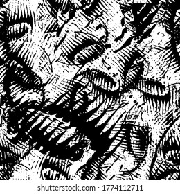Black and white grunge texture. Abstract splashes of ink. Chaotic paint strokes. Dirty surface. Vector pattern of spots