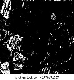 Black and white grunge texture. Abstract splashes of ink. Chaotic paint strokes. Dirty surface. Vector pattern of spots