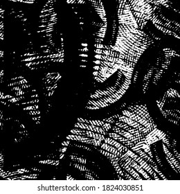 Black and white grunge texture. Abstract splashes of ink. Chaotic paint strokes. Dirty surface. Vector pattern of spots