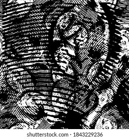 Schwarz-Weiß-Grunge-Textur. Abstrakte Farbspritzen. Häktische Farbstiche. Schmutzige Oberfläche. Vektorbild der Flecken
