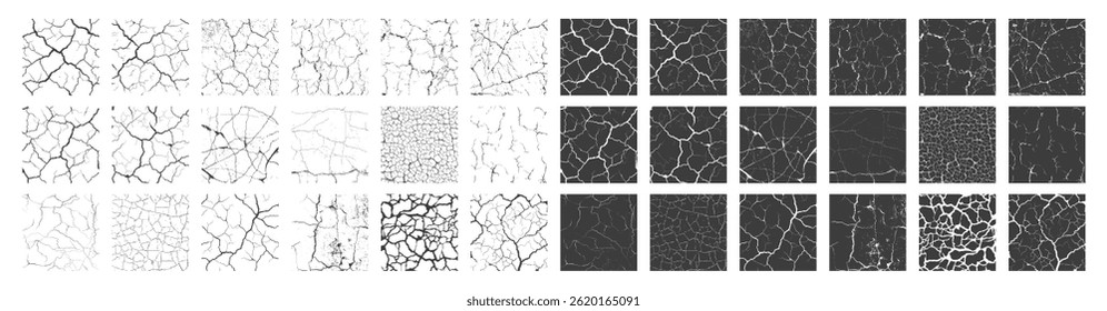 Black and White Grunge Texture of Cracked Wall, Floor, Ground or Paint Isolated on Transparent. Abstract Vintage Surface with Cracks, Stains, and Lightning Bolt Fractures 