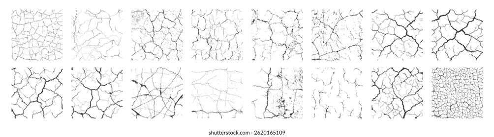 Black and White Grunge Texture of Cracked Wall, Floor, Ground or Paint Isolated on Transparent. Abstract Vintage Surface with Cracks, Stains, and Lightning Bolt Fractures 