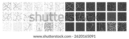 Black and White Grunge Texture of Cracked Wall, Floor, Ground or Paint Isolated on Transparent. Abstract Vintage Surface with Cracks, Stains, and Lightning Bolt Fractures 