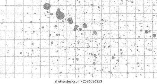 Black and white grunge texture with dotted halftone pattern, bold ink spray splashes, noisy dusty checkered paper background.