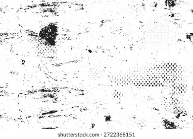 Textura Grunge en blanco y negro con patrones de punto de semitonos y rasguños afligidos