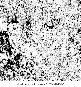 Black and white grunge texture. Monochrome abstract background. Pattern of dust, chips, cracks, and destruction. Chaotic pattern on an old worn surface