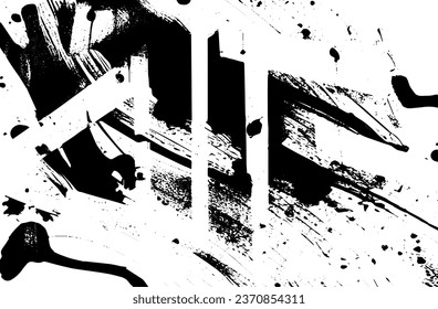 Black and white grunge texture. Black streaks of paint, ink, and dirt. Abstract monochrome background. Pattern of scratches, chips, and wear