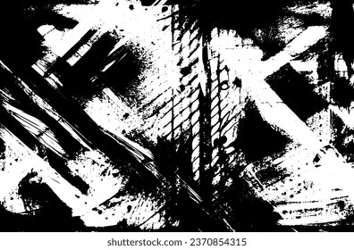 Black and white grunge texture. Black streaks of paint, ink, and dirt. Abstract monochrome background. Pattern of scratches, chips, and wear