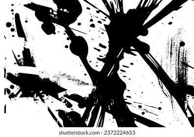 Black and white grunge texture. Black streaks of paint, ink, and dirt. Abstract monochrome background. Pattern of scratches, chips, and wear
