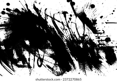 Black and white grunge texture. Black streaks of paint, ink, and dirt. Abstract monochrome background. Pattern of scratches, chips, and wear