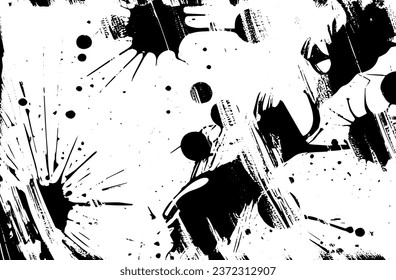 Black and white grunge texture. Black streaks of paint, ink, and dirt. Abstract monochrome background. Pattern of scratches, chips, and wear