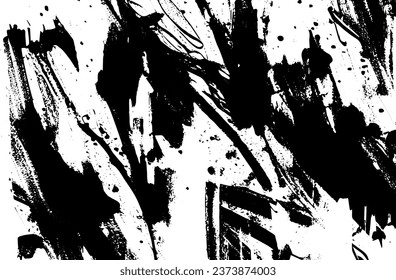 Black and white grunge texture. Black streaks of paint, ink, and dirt. Abstract monochrome background. Pattern of scratches, chips, and wear