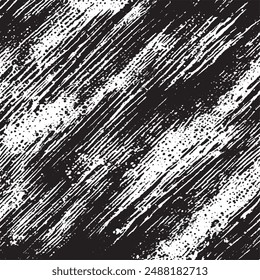 A black and white grunge texture template, characterized by a dark overlay of messy dust. The distressed background is abstract, dotted, and scratched, offering a vintage noise grain effect